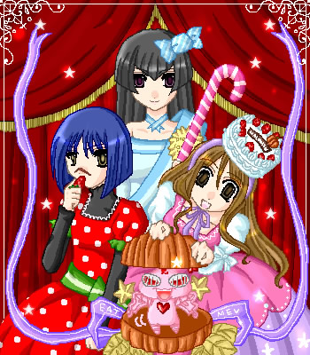 angel gozen (character), hayasaka ouka, mutou mahiro, tsumura tokiko, busou renkin, aliasing, lowres, 00s, 1other, 3girls, black hair, blue hair, brown eyes, brown hair, cake, candy, candy cane, creature, curtains, dress, facing viewer, food, happy, long hair, multiple girls, pink dress, polka dot, polka dot dress, ribbon, scar, short hair, smile, yellow eyes