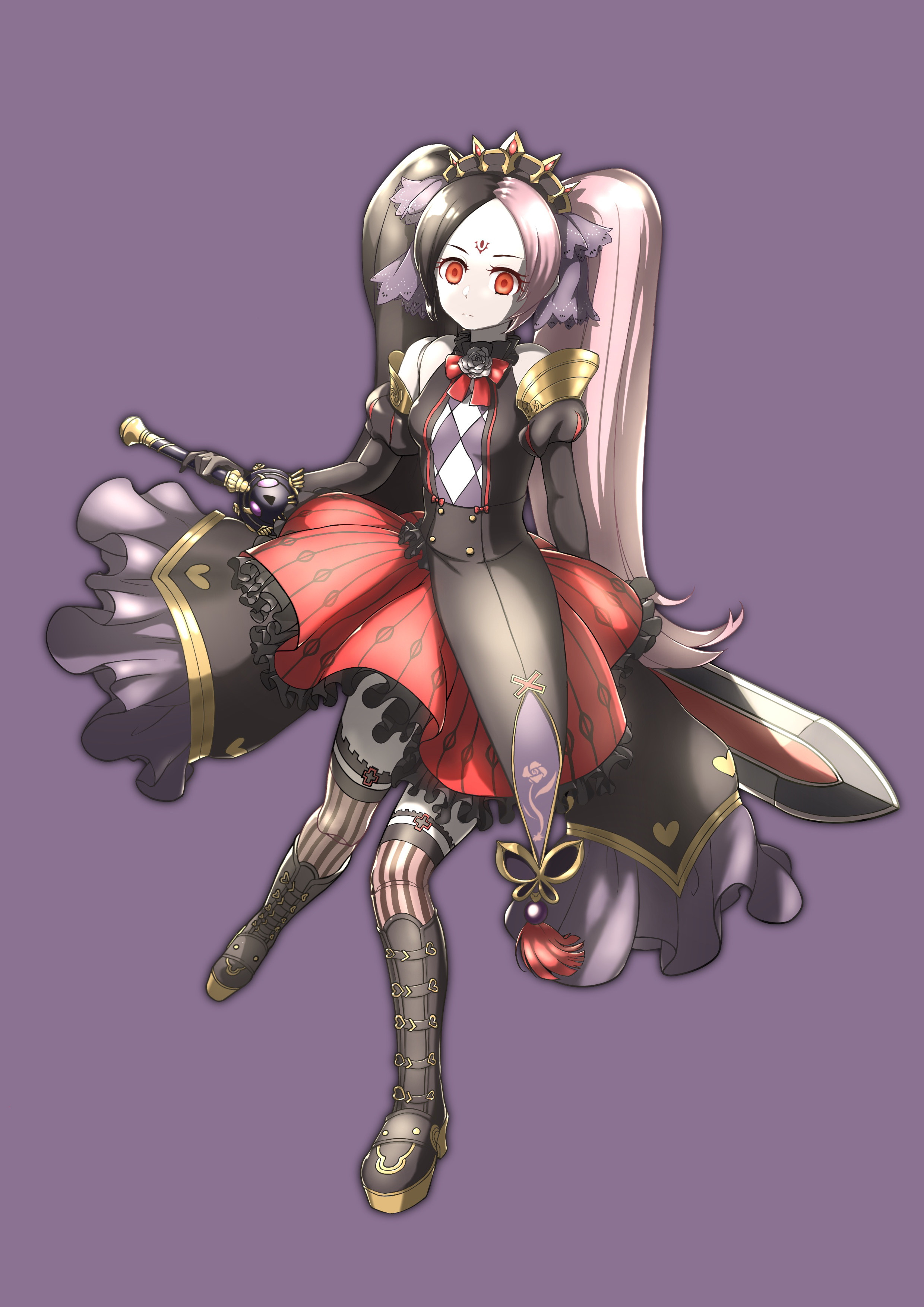 chaos dorloto (grimms notes), grimms notes, 1girl, black hair, full body, pink hair, purple background, simple background, solo, suzu chun chun, twintails