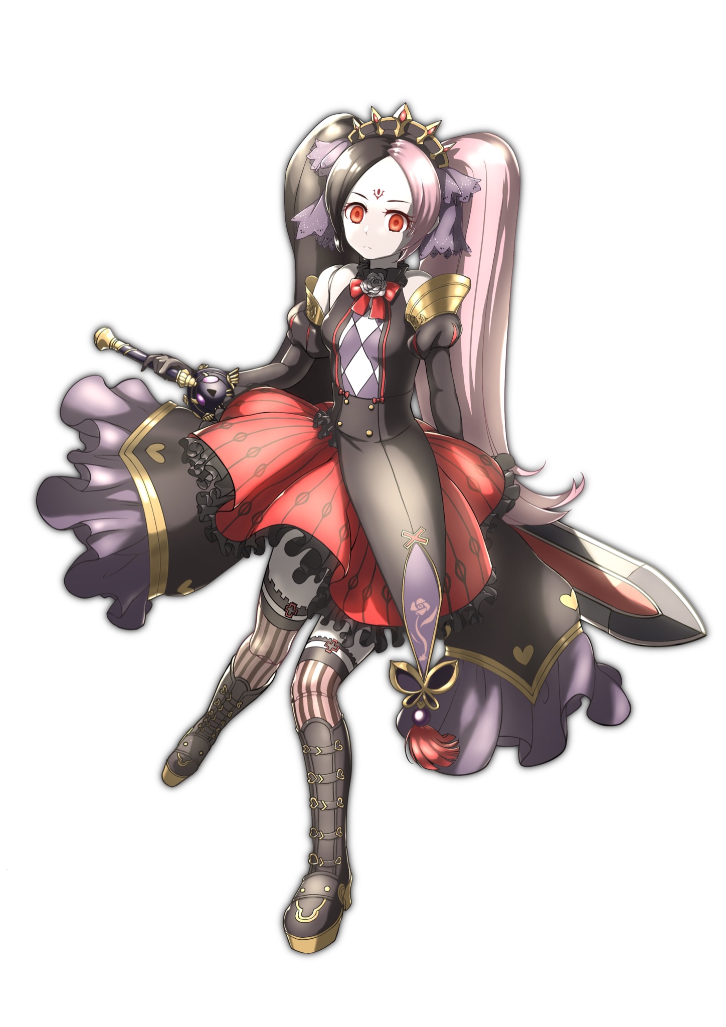 chaos dorloto (grimms notes), grimms notes, bad id, bad twitter id, 1girl, black hair, full body, pink hair, simple background, solo, suzu chun chun, twintails, white background