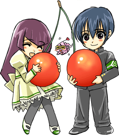angel gozen (character), hayasaka ouka, hayasaka shusui, busou renkin, black footwear, black legwear, lowres, 00s, 1boy, 1girl, 1other, ^ ^, armband, black hair, blue hair, blush stickers, cherry, chibi, closed eyes, creature, floating, food, fruit, full body, happy, long hair, looking at viewer, motion lines, oversized food, oversized object, pants, purple hair, school uniform, serafuku, shoes, short hair, smile, uwabaki