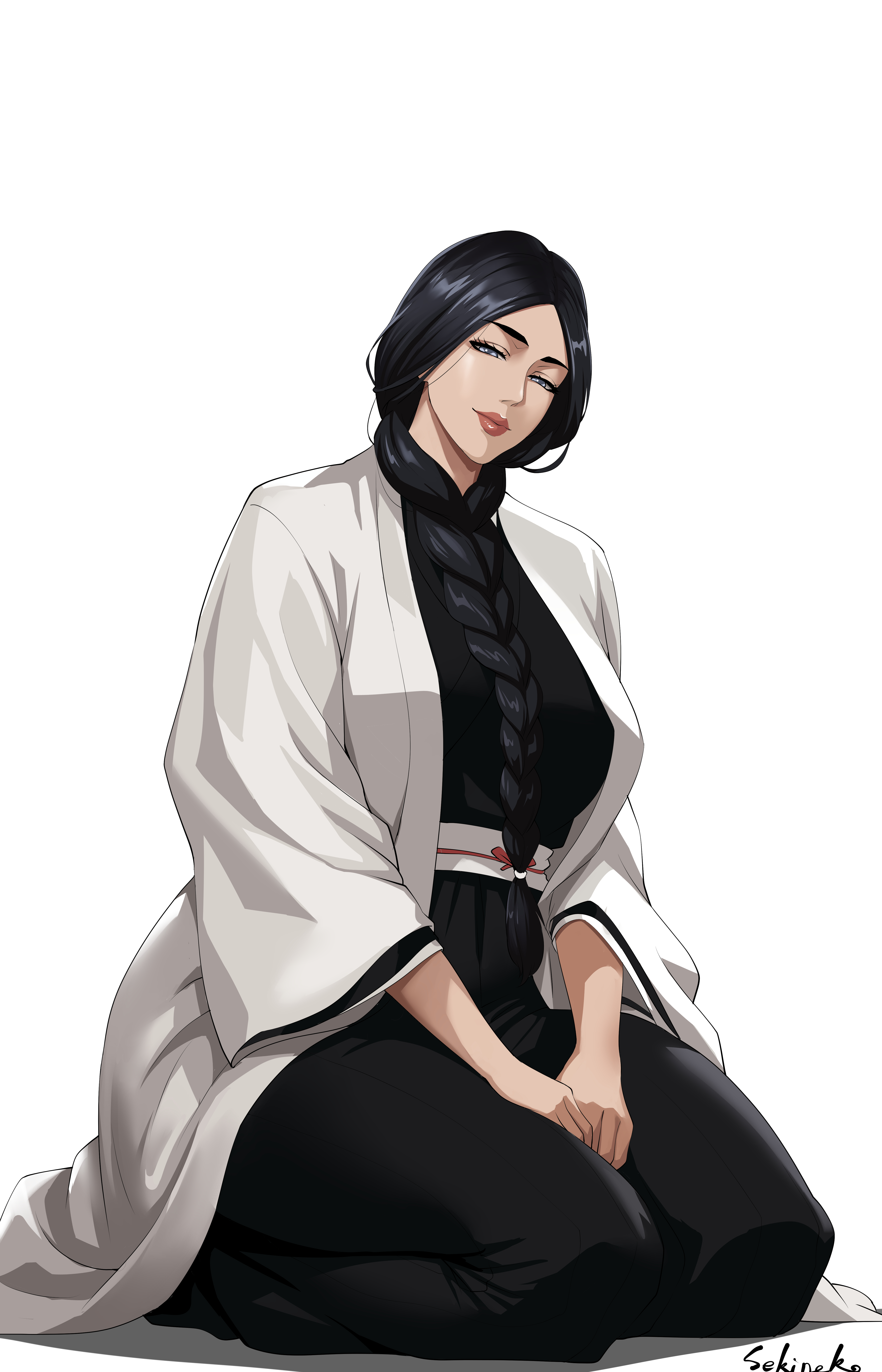sekineko, unohana retsu, bleach, highres, 1girl, black hair, braid, braided ponytail, breasts, female focus, large breasts, lips, long hair, shihakusho, shiny skin, simple background, sitting, white background