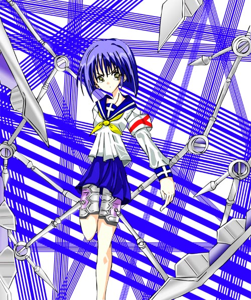 tsumura tokiko, busou renkin, 00s, blue hair, scar, school uniform, serafuku, valkyrie skirt, yellow eyes