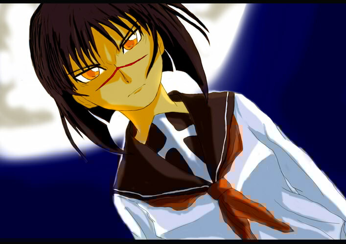 tsumura tokiko, busou renkin, 00s, blue hair, scar, school uniform, serafuku, yellow eyes