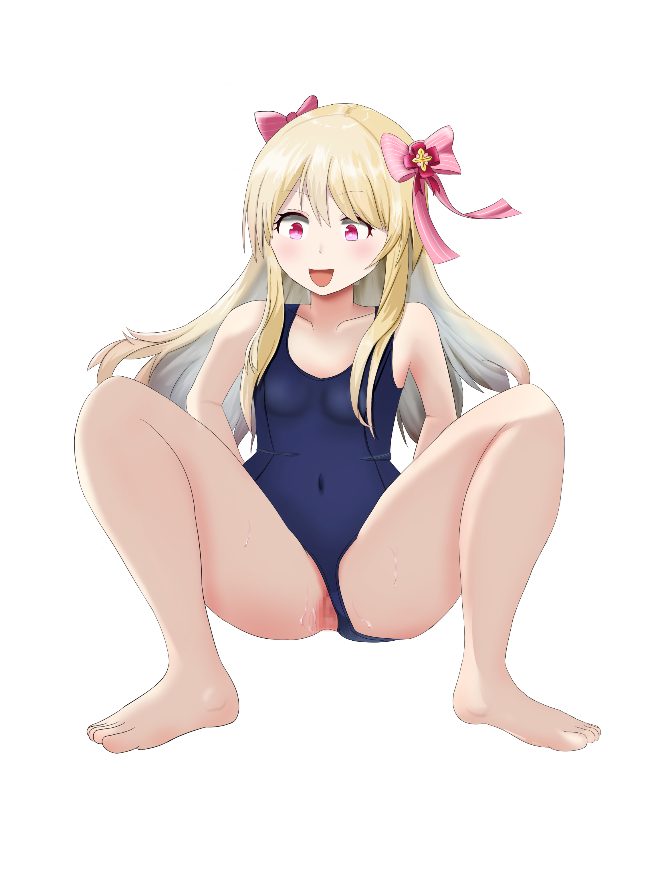 chaos marie (grimms notes), grimms notes, bad id, bad pixiv id, 1girl, barefoot, blonde hair, breasts, full body, long hair, old school swimsuit, open mouth, pink eyes, pussy, school swimsuit, simple background, smile, solo, swimsuit, white background