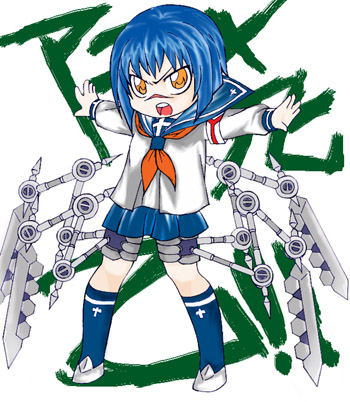 tsumura tokiko, busou renkin, lowres, 00s, blue hair, scar, school uniform, serafuku, valkyrie skirt, yellow eyes