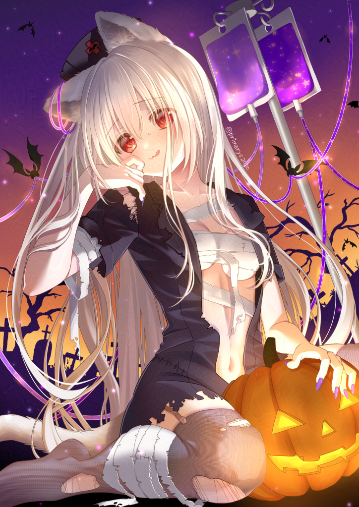 kyuubi mika, original, 1girl, animal ears, bandages, blood, breasts, cat ears, halloween, long hair, looking at viewer, nail polish, pantyhose, pumpkin, red eyes, small breasts, solo, stomach, torn clothes, torn pantyhose, very long hair