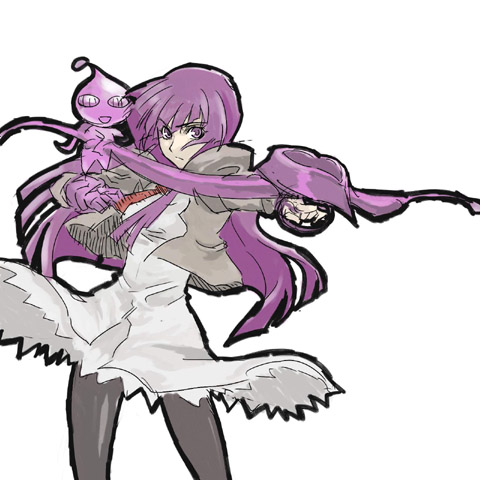 angel gozen (character), hayasaka ouka, busou renkin, black legwear, lowres, 00s, 1girl, 1other, aiming, angel gozen (weapon), black outline, bow (weapon), cowboy shot, creature, dress, frown, long hair, outline, purple eyes, purple hair, school uniform, serafuku, simple background, smile, standing, weapon, white background
