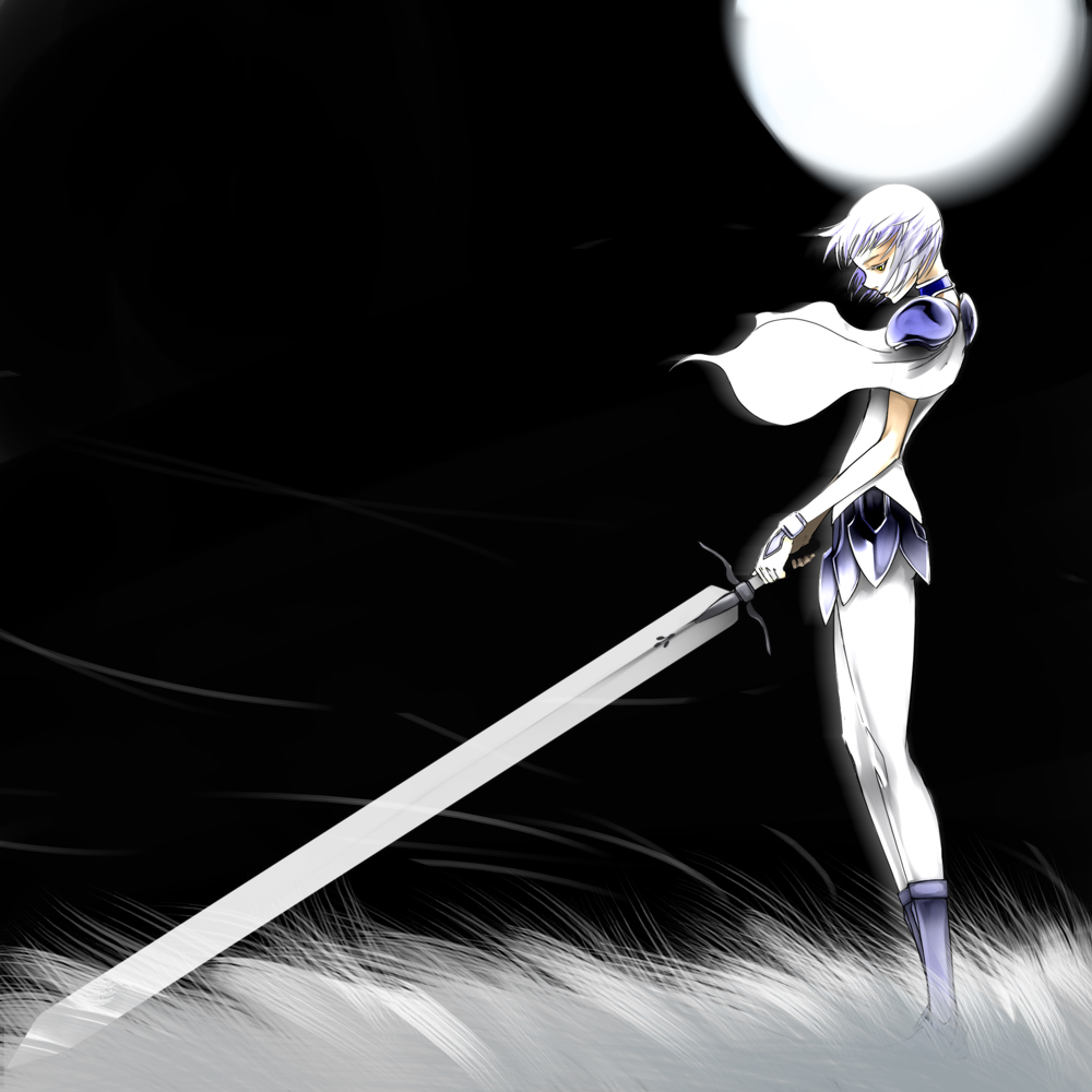 yama, clare (claymore), claymore (series), 00s, cape, claymore (sword), huge weapon, moon, pteruges, solo, sword, weapon, wind