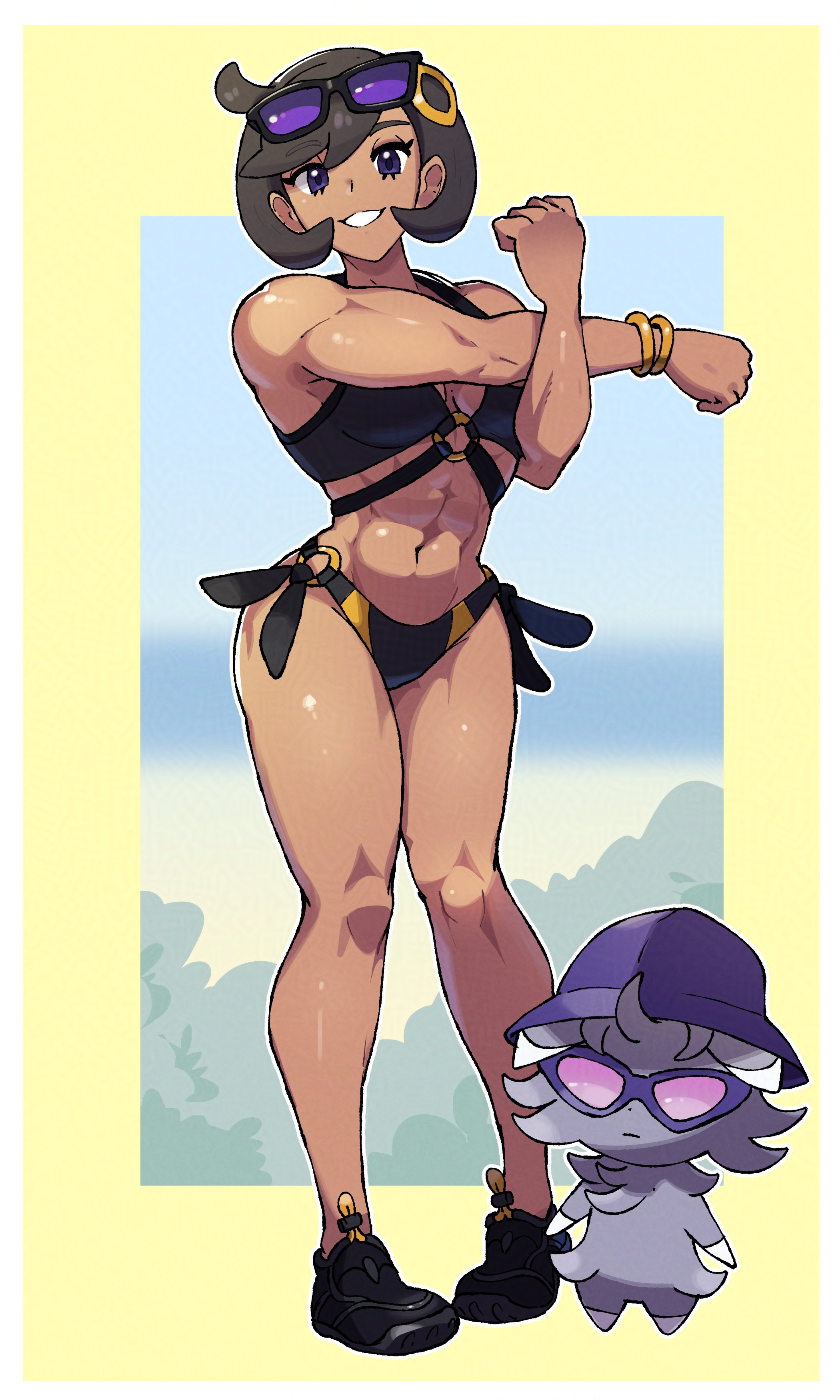 juno son, emma (pokemon), espurr, nintendo, pokemon, pokemon legends: z-a, absurdres, highres, 1girl, abs, aged up, alternate muscle size, bikini, black hair, flexing, gen 6 pokemon, muscular, muscular female, pokemon (creature), smile, swimsuit
