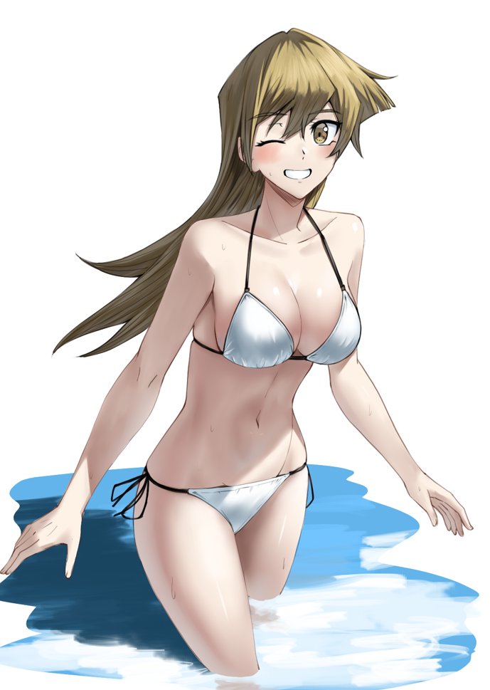 rourou ill, tenjouin asuka, yu-gi-oh!, yu-gi-oh! gx, 1girl, bikini, blonde hair, blush, breasts, brown eyes, cleavage, collarbone, hair between eyes, large breasts, long hair, looking at viewer, navel, ocean, side-tie bikini bottom, simple background, smile, solo, standing, stomach, straight hair, string bikini, swimsuit, white background, white bikini