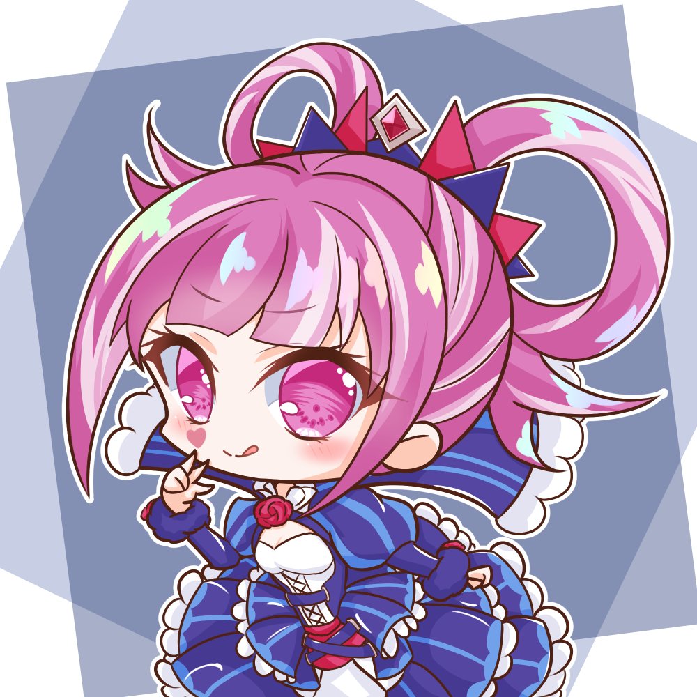 griffonmask11, hortensia (fire emblem), fire emblem, fire emblem engage, nintendo, 1girl, :p, blue dress, blunt bangs, chibi, chibi only, dress, facial mark, hair rings, heart, heart facial mark, juliet sleeves, long sleeves, looking at viewer, pink eyes, pink hair, puffy sleeves, solo, tongue, tongue out, w