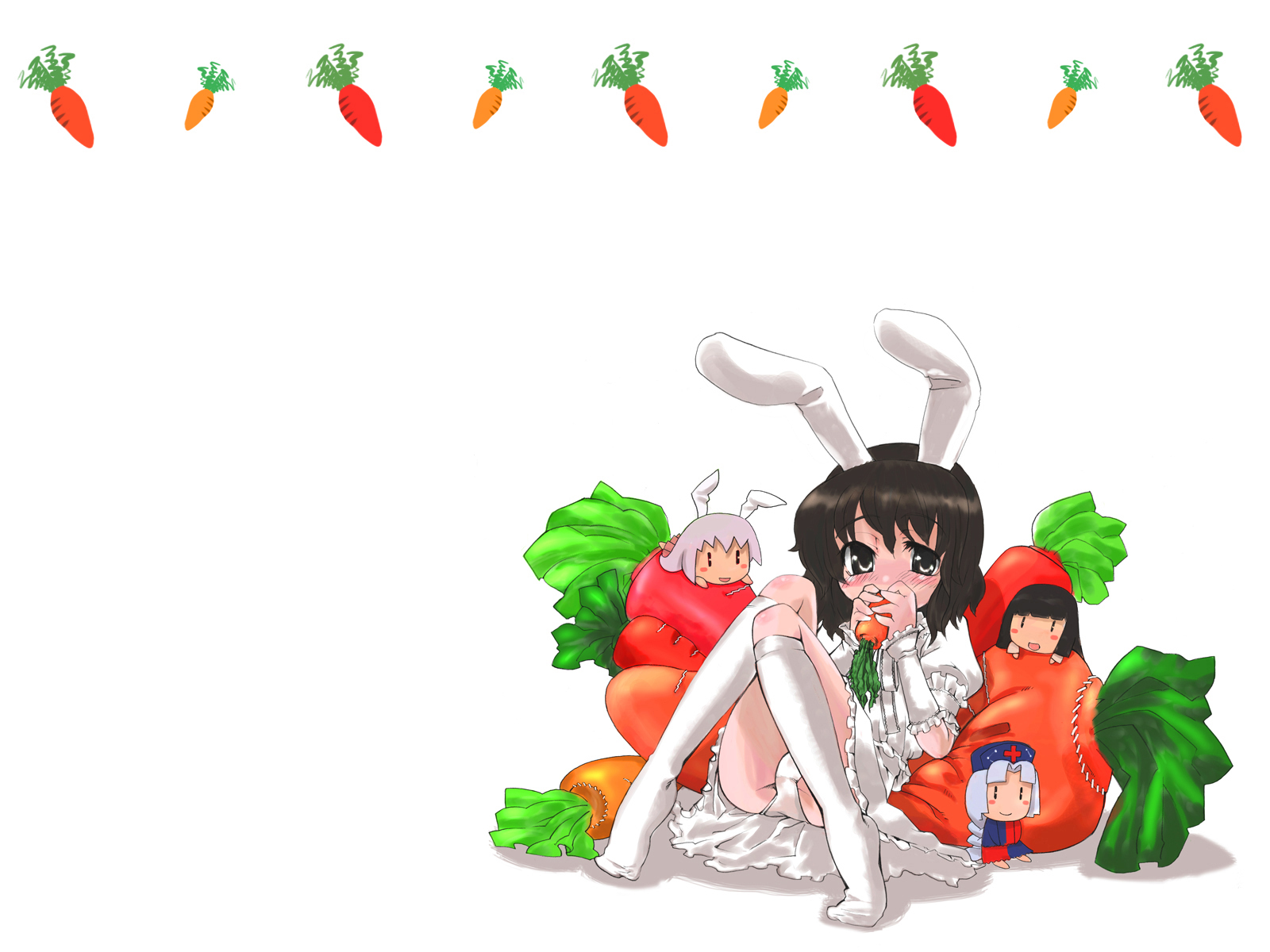 gengorou, inaba tewi, touhou, highres, 4girls, animal ears, carrot, female focus, hat, kneehighs, multiple girls, panties, plant, rabbit ears, socks, solo, underwear, white background