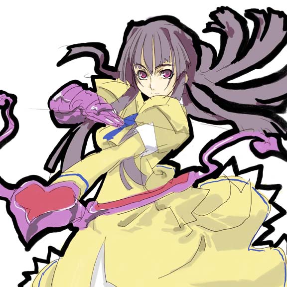 hayasaka ouka, busou renkin, blue neckwear, 00s, 1girl, aiming, aiming at viewer, angel gozen (weapon), bow, bow (weapon), brown hair, dress, facing viewer, feet out of frame, female focus, long hair, pink eyes, purple eyes, school uniform, serafuku, simple background, solo, weapon, white background, yellow dress