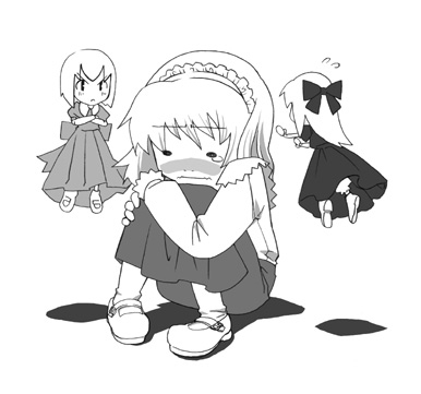 gengorou, alice margatroid, hourai doll, shanghai doll, touhou, lowres, 3girls, female focus, greyscale, monochrome, multiple girls, sad, tears