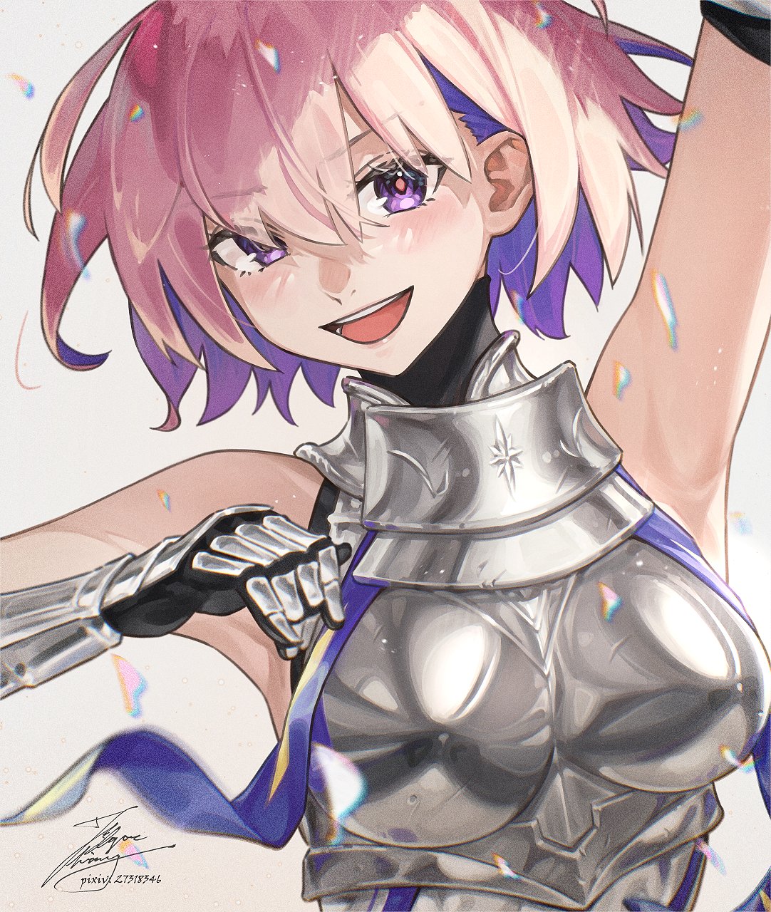 fadingz, mash kyrielight, mash kyrielight (paladin), fate/grand order, fate (series), highres, 1girl, arm up, armor, bare shoulders, black leotard, boobplate, breastplate, breasts, broken glass, colored inner hair, gauntlets, glass, grin, heattech leotard, large breasts, leotard, looking at viewer, multicolored hair, open mouth, pink hair, pixiv id, purple eyes, short hair, simple background, sleeveless, smile, solo, star (symbol), teeth, turtleneck, upper body, upper teeth only, white background