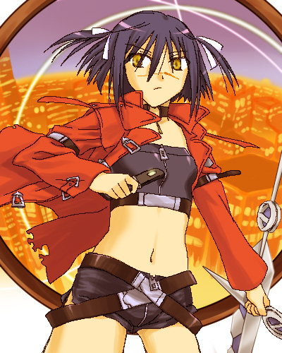 tsumura tokiko, busou renkin, lowres, 00s, blue hair, scar, valkyrie skirt, yellow eyes