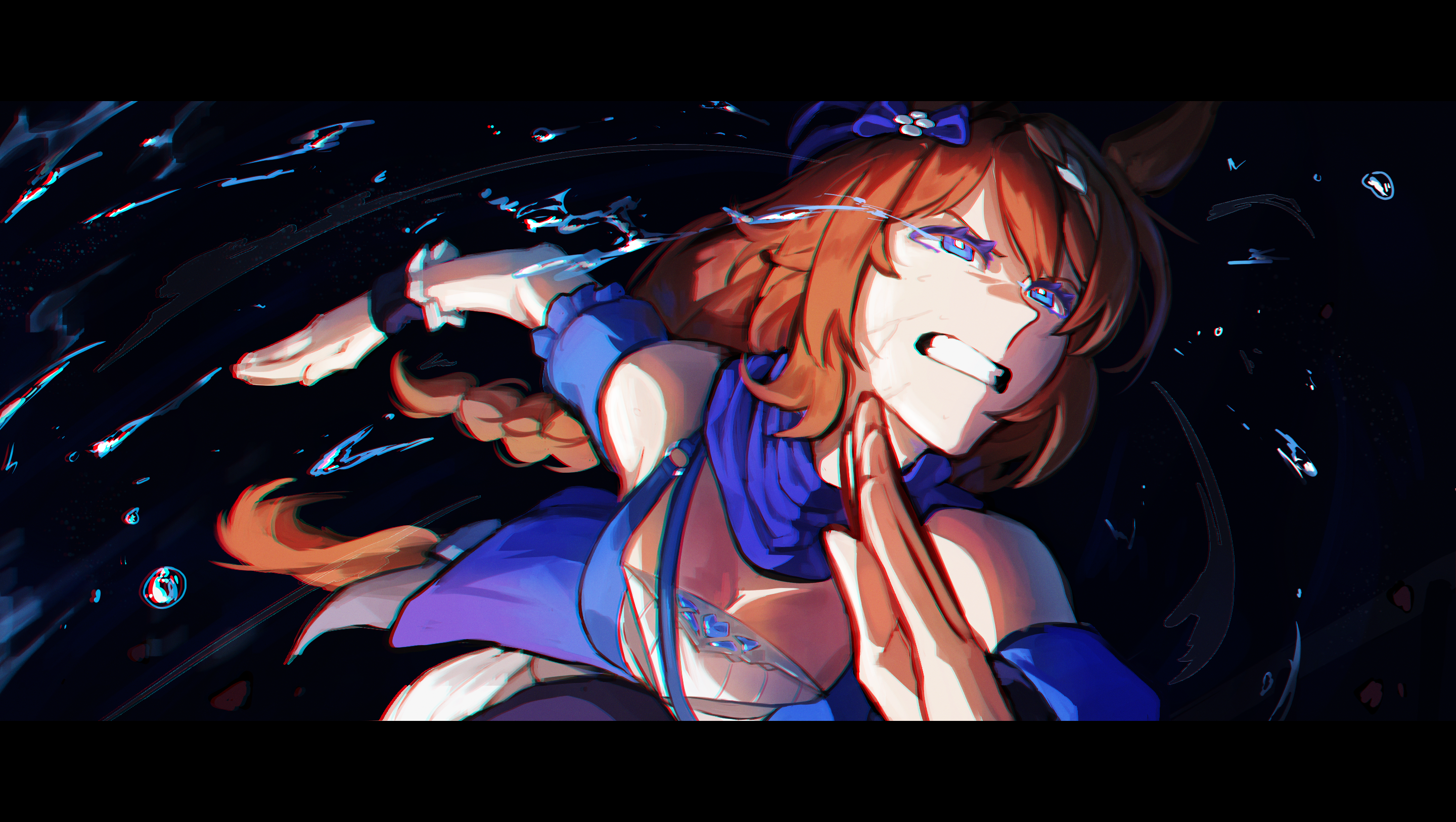 autux, super creek (umamusume), umamusume, commentary request, highres, 1girl, animal ears, bare shoulders, blue bow, blue dress, blue eyes, blue scarf, bow, braid, braided ponytail, brown hair, clenched teeth, dress, ear bow, hair between eyes, horse ears, horse girl, horse tail, long hair, multicolored hair, running, scarf, solo, streaked hair, tail, teeth, very long hair, white hair, wrist cuffs