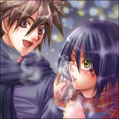 mutou kazuki, tsumura tokiko, busou renkin, lowres, 00s, blue hair, brown eyes, brown hair, scar, yellow eyes