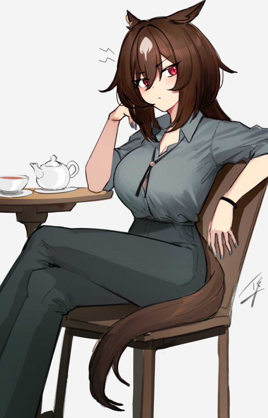 hayabusa (vert 320), sirius symboli (umamusume), umamusume, commentary request, highres, 1girl, animal ears, annoyed, breasts, brown hair, crossed legs, cup, ear ornament, hair between eyes, horse ears, horse girl, horse tail, long hair, looking at viewer, multicolored hair, plate, red eyes, shirt, simple background, sitting, smile, solo, streaked hair, table, tail, tea, teacup, teapot, white hair