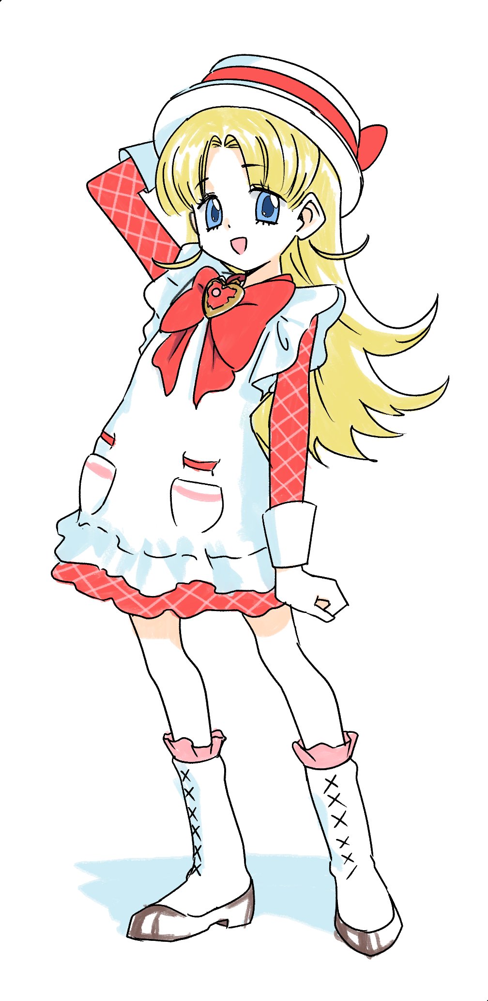 mano eglu, nadja applefield, ashita no nadja, highres, 1girl, :d, blonde hair, blue eyes, boots, bow, dress, full body, hat, knee boots, long hair, long sleeves, looking at viewer, open mouth, porkpie hat, red bow, smile, solo, standing, white background