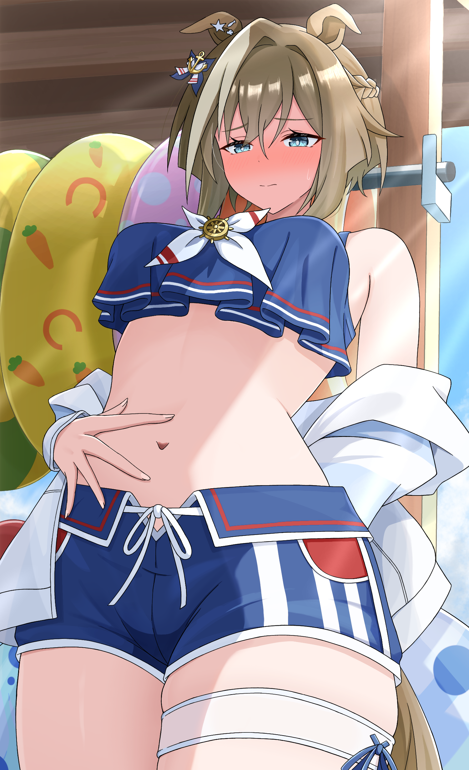 y k (user maxh5525), cheval grand (summer calm navy drop) (umamusume), cheval grand (umamusume), umamusume, absurdres, commentary request, highres, 1girl, animal ears, beach, bikini, blue eyes, blue sky, blush, bow, breasts, brown hair, cleavage, closed mouth, collarbone, day, frills, frown, hair between eyes, hood, hood down, hooded jacket, horse ears, horse girl, horse tail, jacket, jewelry, looking at viewer, medium breasts, midriff, multicolored hair, navel, necklace, official alternate costume, official alternate hairstyle, outdoors, short shorts, shorts, sky, solo, streaked hair, striped clothes, striped shorts, sweat, swimsuit, tail, thigh strap, white bow, white hair, white jacket