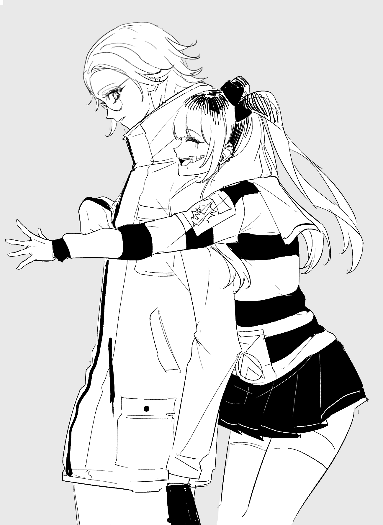 amemiya darumi, aotsuki eito, the hundred line -last defense academy-, 1boy, 1girl, arms around shoulders, black bow, black gloves, bog i66820, bow, closed eyes, ear piercing, face piercing, glasses, gloves, grey background, hoodie, lip piercing, long sleeves, multicolored hair, open mouth, piercing, pleated skirt, profile, shirt, short hair, skirt, striped clothes, striped shirt, twintails, upper body, white hoodie