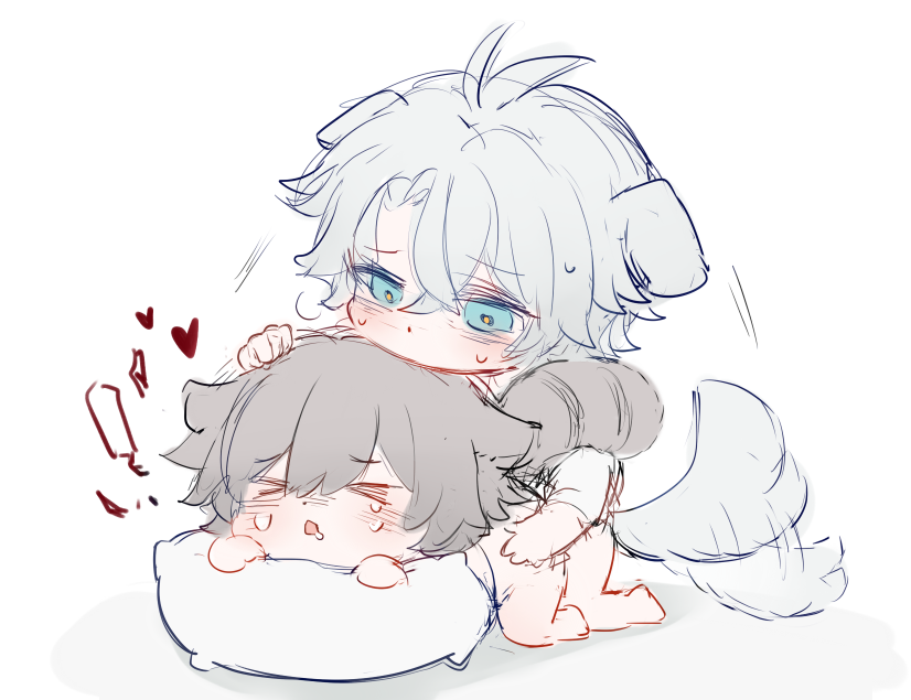 leonrui, caelus (honkai: star rail), phainon (honkai: star rail), trailblazer (honkai: star rail), honkai: star rail, honkai (series), > <, 2boys, all fours, anal, animal ears, antenna hair, barefoot, blue eyes, blush, bottomless, chibi, chibi only, closed eyes, crossed bangs, dog ears, dog tail, drooling, grey hair, hair between eyes, hand on another's head, heart, kemonomimi mode, long sleeves, looking at another, looking down, male focus, multiple boys, no mouth, open mouth, pillow, raccoon ears, raccoon tail, sex, shadow, shirt, short hair, simple background, sweat, tail, white background, white hair, white shirt, yaoi, yellow pupils