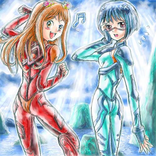 ayanami rei, mutou mahiro, souryuu asuka langley, tsumura tokiko, busou renkin, neon genesis evangelion, lowres, 00s, 2girls, ass, blue hair, breasts, brown eyes, brown hair, cosplay, crossover, mecha pilot suit, multiple girls, plugsuit (cosplay), plugsuit (evangelion), scar