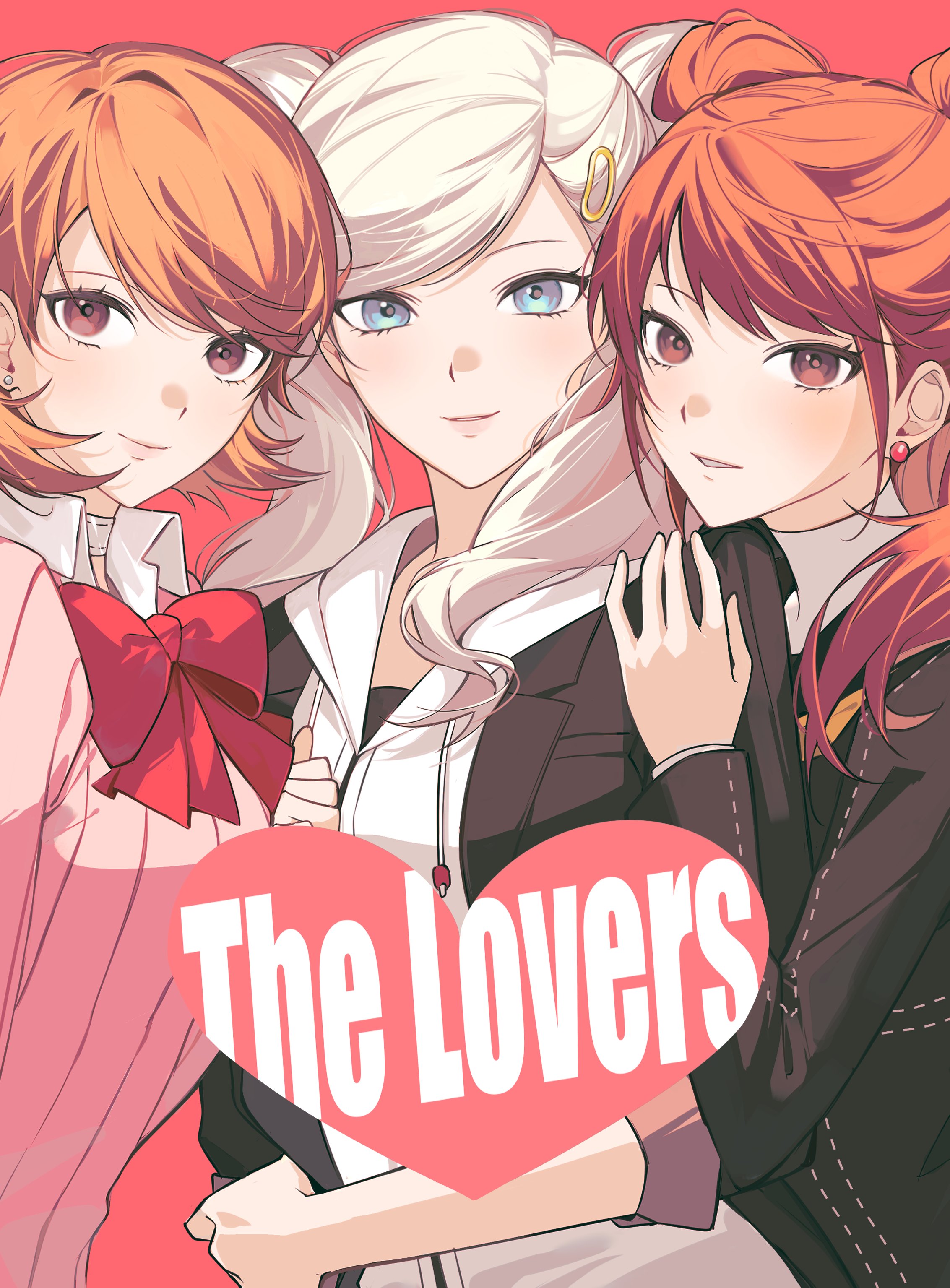 mnce o, kujikawa rise, takamaki anne, takeba yukari, persona, persona 3, persona 4, persona 5, absurdres, highres, 3girls, arm across waist, black jacket, blonde hair, blue eyes, bow, bowtie, breasts, brown eyes, brown hair, cardigan, choker, closed mouth, collared shirt, drawstring, earrings, hair ornament, hairclip, hood, hood down, hooded jacket, jacket, jewelry, long sleeves, looking at viewer, medium breasts, medium hair, multiple girls, parted lips, pink cardigan, red background, red bow, red bowtie, ribbed cardigan, school uniform, shirt, short hair, smile, stud earrings, swept bangs, turtleneck, twintails, upper body, white choker, white shirt, zipper