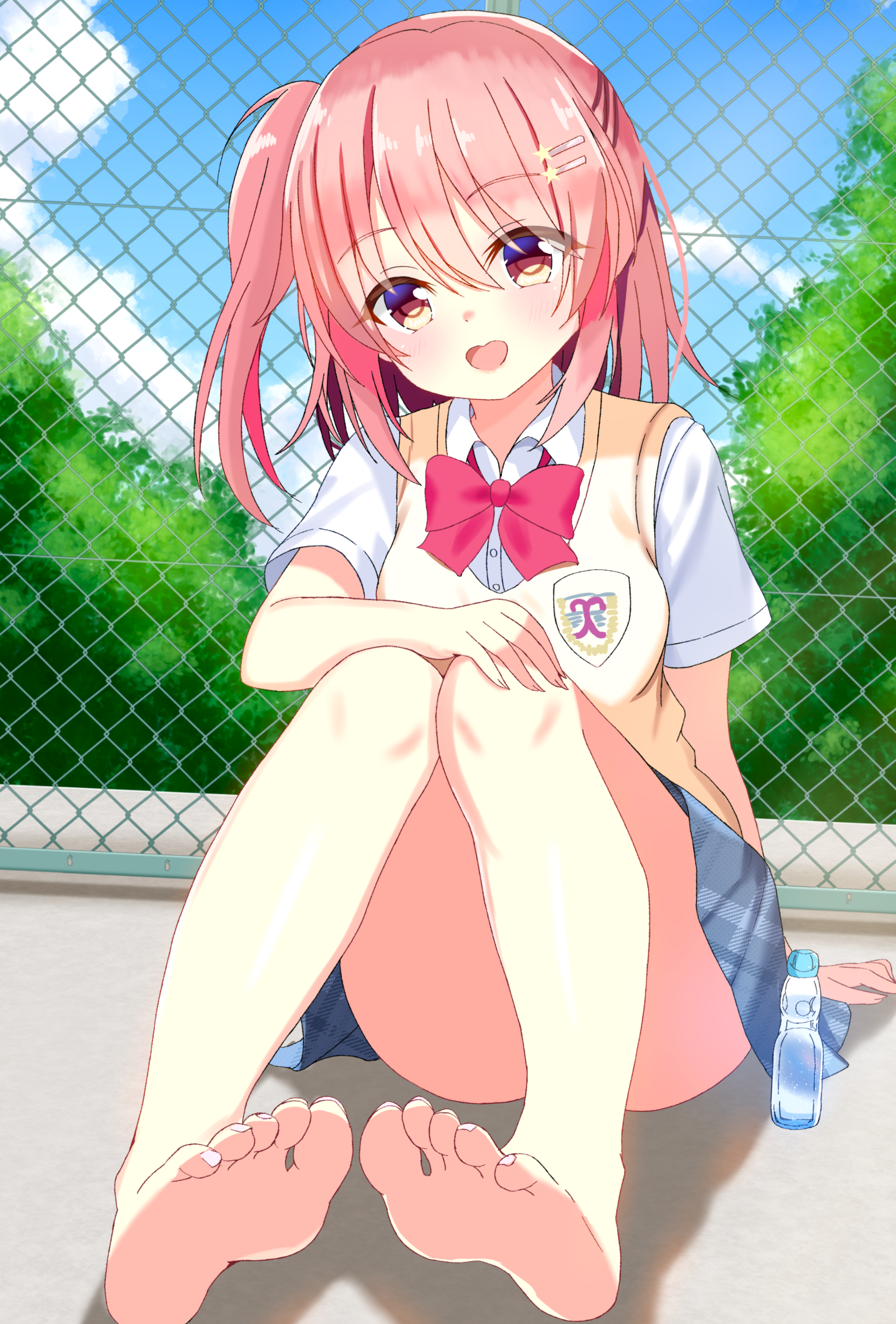 sakuratoru, shindou ayane, koi kakeru shin-ai kanojo, absurdres, commentary request, highres, 1girl, 2025, :d, arm behind back, bare legs, barefoot, blue sky, blush, bow, bowtie, chain-link fence, cloud, collared shirt, convenient leg, dated commentary, day, eyes visible through hair, feet, fence, full body, grey skirt, hair between eyes, hair ornament, hairclip, half updo, hand on own knee, hand up, happy, knees together feet apart, knees up, looking at viewer, medium hair, miniskirt, one side up, open mouth, outdoors, parallel hairclips, pink hair, plaid clothes, plaid skirt, red bow, red bowtie, school uniform, shiny skin, shirt, short sleeves, sitting, skirt, sky, smile, soles, solo, star (symbol), star hair ornament, straight hair, sweater vest, thighs, toenails, toes, white shirt, yellow eyes, yellow sweater vest