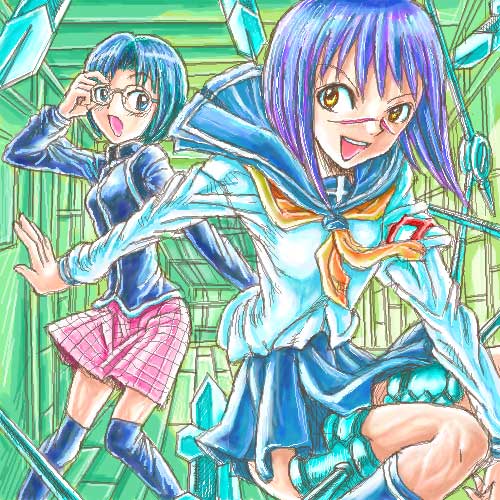 tsumura tokiko, busou renkin, lowres, 00s, blue eyes, blue hair, glasses, scar, school uniform, serafuku, valkyrie skirt, yellow eyes