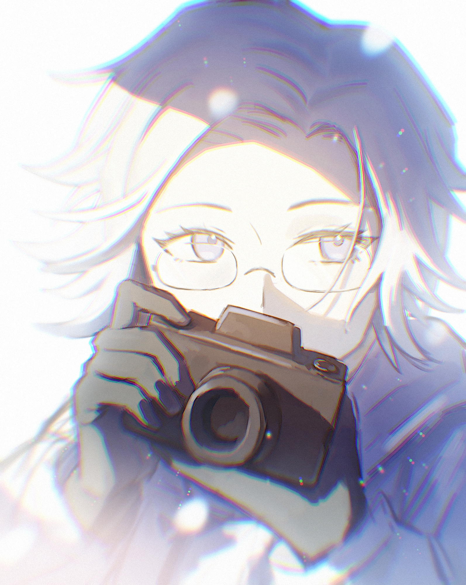 aotsuki eito, the hundred line -last defense academy-, chinese commentary, highres, variant set, 1boy, black gloves, camera, chromatic aberration, covered mouth, glasses, gloves, grey hair, hands up, holding, holding camera, jacket, looking at viewer, male focus, portrait, purple eyes, rangxiangrikuikaimanxiboliya, short hair, solo, white background, white jacket
