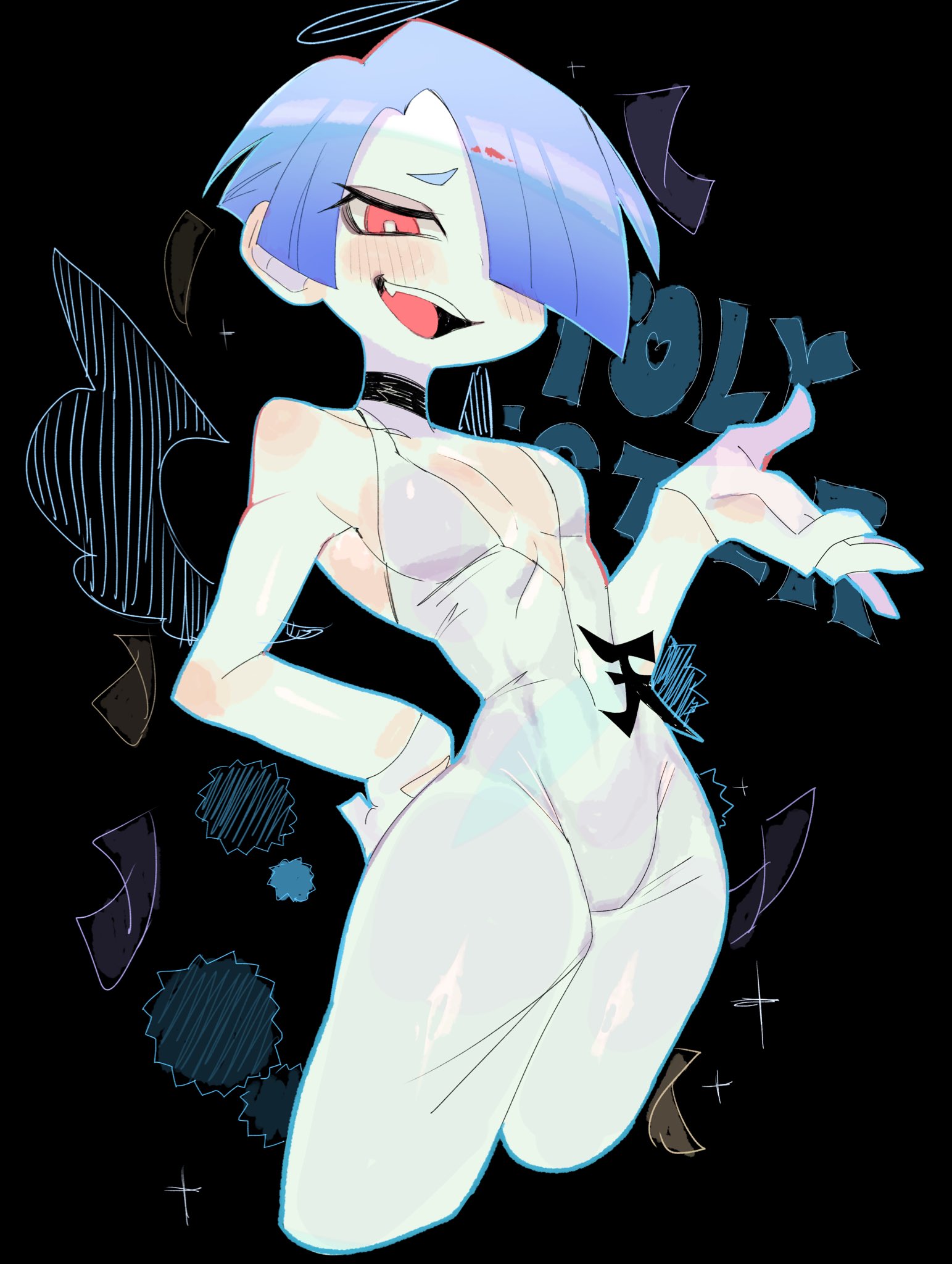 usa37107692, polyester (psg), panty & stocking with garterbelt, highres, 1boy, angel, black background, black choker, blue eyes, blunt bangs, choker, girly boy, gloves, grin, hair over one eye, heaven (kanji), jumpsuit, looking at viewer, male focus, red eyes, simple background, sleeveless jumpsuit, smile, solo, waist ribbon, white gloves, white jumpsuit