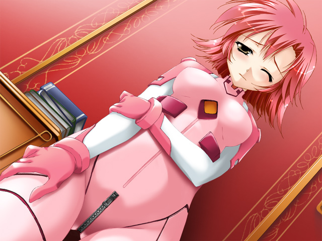 shintarou, murai mariko, shiritsu akihabara gakuen, game cg, 1girl, blunt ends, blush, bodysuit, breasts, brown eyes, closed mouth, cowboy shot, crotch zipper, dutch angle, female focus, hand on own arm, hand on own thigh, indoors, medium breasts, one eye closed, red hair, short hair, solo, zipper, zipper pull tab