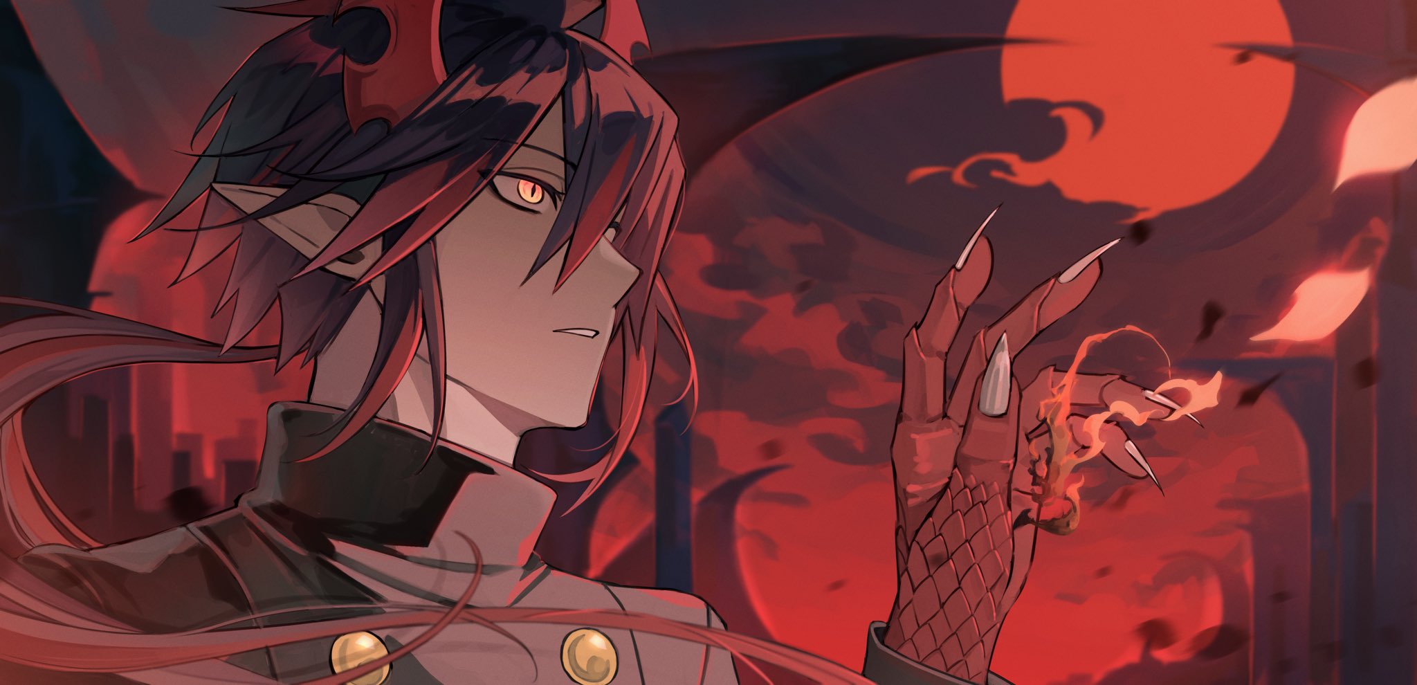 ivlis (funamusea), funamusea, haiiro teien, highres, bat wings, black hair, buttons, colored extremities, d4maft, demon boy, demon horns, gradient background, gradient hair, horns, long hair, moon, multicolored hair, pointy ears, red hair, red hands, red moon, red scales, red sky, sky, two-tone hair, wings