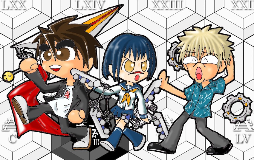 mutou kazuki, nakamura gouta, tsumura tokiko, busou renkin, 00s, blonde hair, blue hair, brown eyes, brown hair, scar, school uniform, serafuku, sunlight heart, valkyrie skirt, yellow eyes