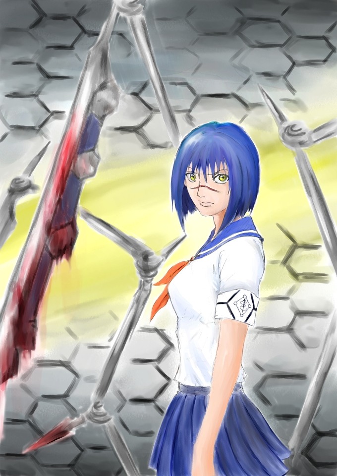 tsumura tokiko, busou renkin, 00s, blue hair, scar, school uniform, serafuku, valkyrie skirt, yellow eyes