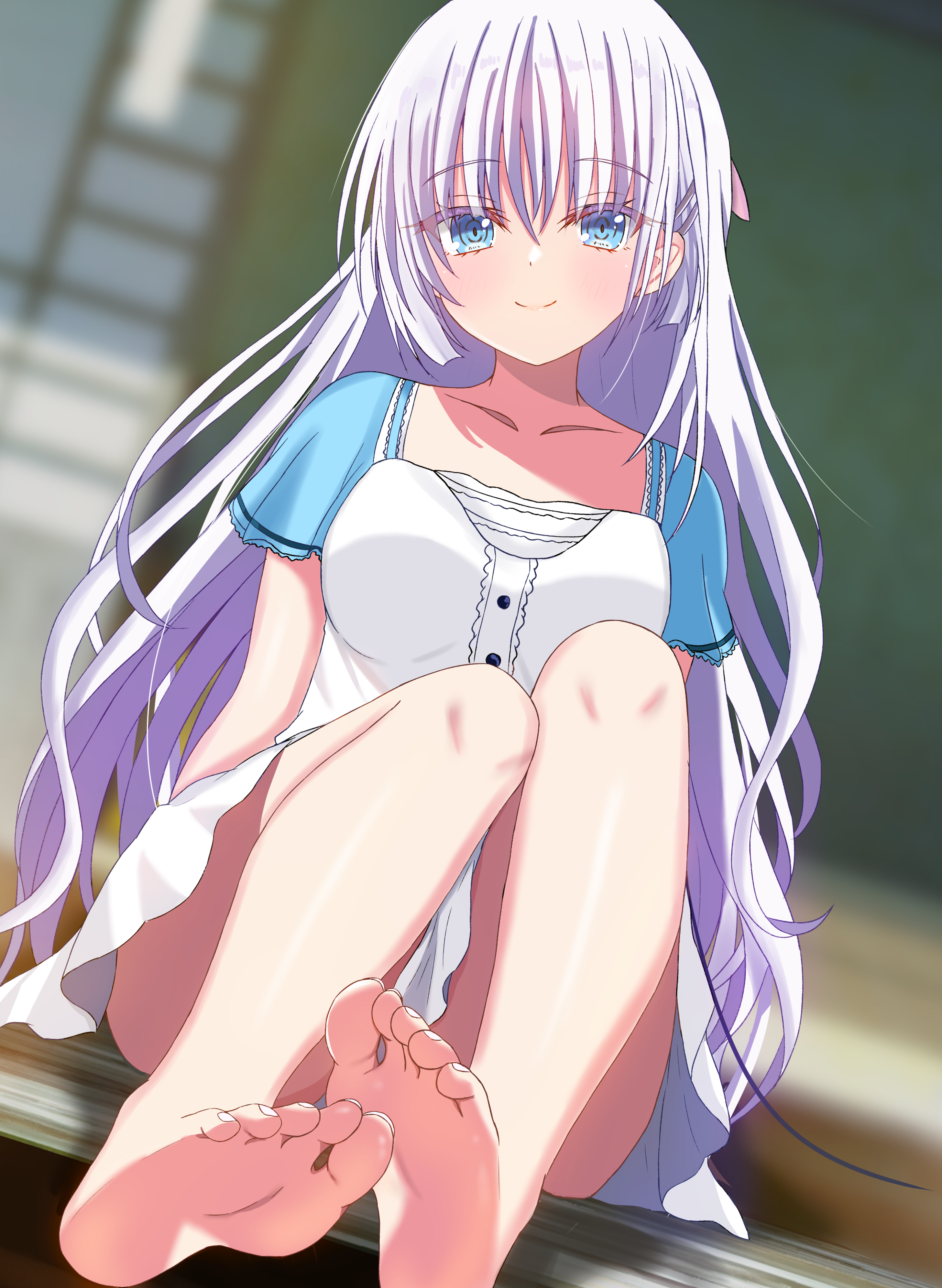 sakuratoru, naruse shiroha, summer pockets, absurdres, commentary request, highres, 1girl, arms behind back, bare legs, barefoot, blue eyes, blunt ends, blurry, blurry background, blush, closed mouth, dress, dutch angle, eyelashes, eyes visible through hair, feet, full body, hair behind ear, hair between eyes, hair ornament, hairclip, happy, indoors, knees up, long hair, looking at viewer, panties, panty peek, parallel hairclips, ringed eyes, shiny skin, short dress, short sleeves, sidelocks, sitting, smile, soles, solo, split mouth, straight hair, toenails, toes, underwear, very long hair, white dress, white hair, white panties