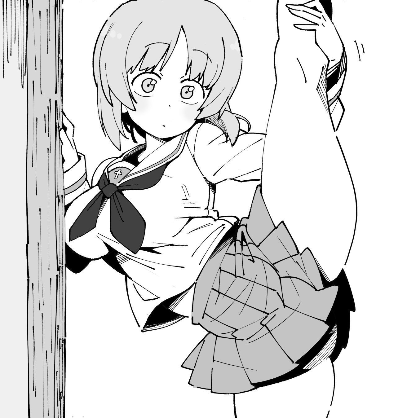 henyaan (oreizm), nishizumi miho, girls und panzer, commentary request, highres, 1girl, blouse, blush, closed mouth, frown, greyscale, leg up, long sleeves, looking at viewer, miniskirt, monochrome, neckerchief, ooarai school uniform, outside border, pleated skirt, school uniform, serafuku, shirt, short hair, skirt, socks, solo, split, standing, standing on one leg, standing split