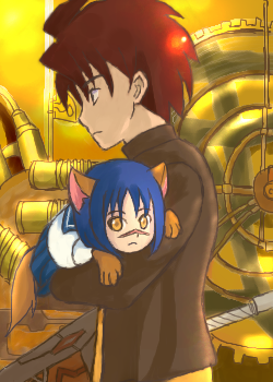 mutou kazuki, tsumura tokiko, busou renkin, lowres, 00s, animal ears, blue hair, brown hair, cat ears, scar, school uniform, serafuku, yellow eyes