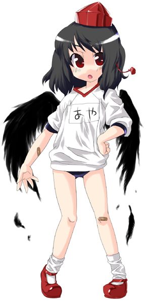 gengorou, shameimaru aya, touhou, 1girl, :o, aged down, alternate costume, bandaid, bandaid on arm, bandaid on knee, bandaid on leg, black hair, black wings, buruma, feathers, female focus, gym uniform, hand on own hip, hat, looking at viewer, loose socks, mary janes, name tag, open mouth, red eyes, red shoes, shoes, simple background, socks, solo, standing, tokin hat, white background, white socks, wings