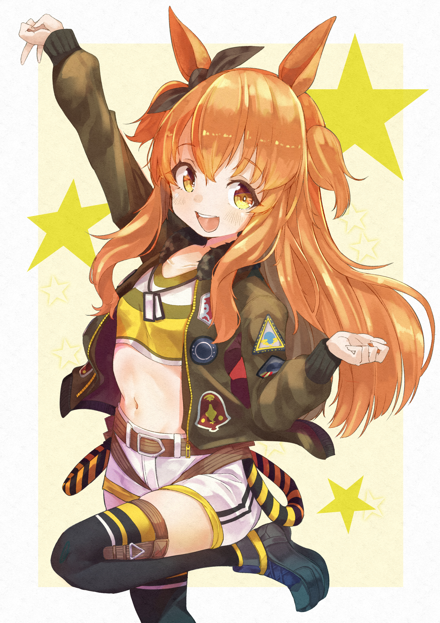 yunekoko, mayano top gun (umamusume), umamusume, commentary, highres, 1girl, :d, animal ears, belt, belt buckle, black boots, black thighhighs, blush, bomber jacket, boots, border, bow, breasts, brown ribbon, buckle, cowboy shot, crop top, dog tags, ear bow, ear ribbon, green belt, green jacket, hair between eyes, hand up, horse ears, horse girl, horse tail, jacket, leg up, long hair, long sleeves, looking at viewer, midriff, navel, open clothes, open jacket, open mouth, orange eyes, orange hair, orange tail, ribbon, shirt, short shorts, shorts, small breasts, smile, solo, star (symbol), tail, teeth, thighhighs, two side up, upper teeth only, v, white border, white shorts, yellow background
