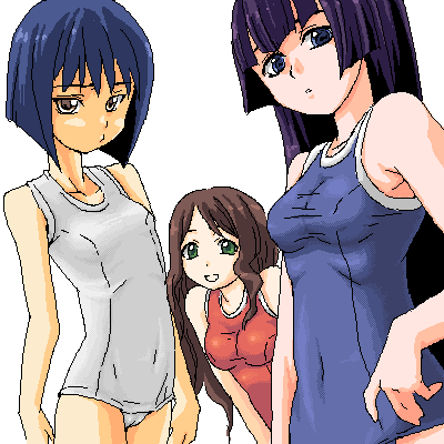 hayasaka ouka, mutou mahiro, tsumura tokiko, busou renkin, lowres, 00s, black hair, blue eyes, blue hair, brown hair, green eyes, swimsuit