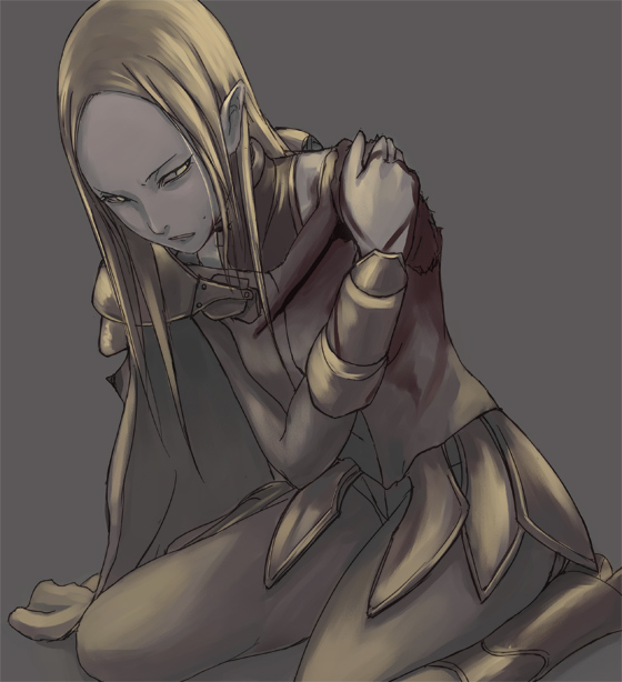 tea (nakenashi), irene, claymore (series), 00s, 1girl, amputee, armor, blonde hair, blood, cape, clenched teeth, faulds, female focus, grey background, guro, kneeling, pauldrons, pointy ears, shoulder armor, solo, teeth, yellow eyes