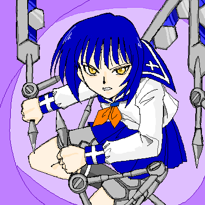 tsumura tokiko, busou renkin, lowres, 00s, blue hair, school uniform, serafuku, valkyrie skirt, yellow eyes