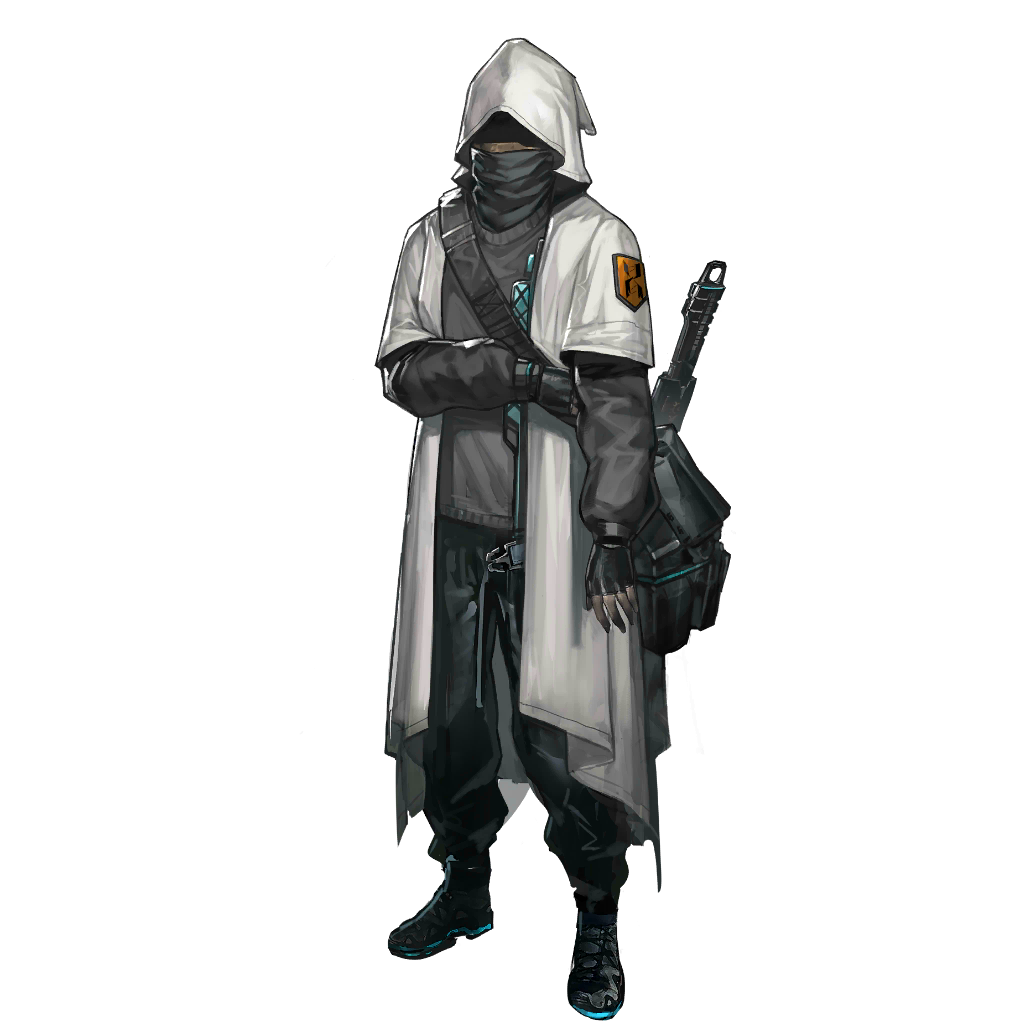 five-fall, arknights, official art, third-party source, 1boy, bag, bandana, bandana around neck, cloak, covered face, fingerless gloves, full body, gloves, grey sweater, guard (arknights), hood, hood up, hooded cloak, layered sleeves, long sleeves, male focus, pants, reunion logo (arknights), short over long sleeves, short sleeves, shoulder bag, simple background, solo, standing, sweater, tachi-e, transparent background, white cloak