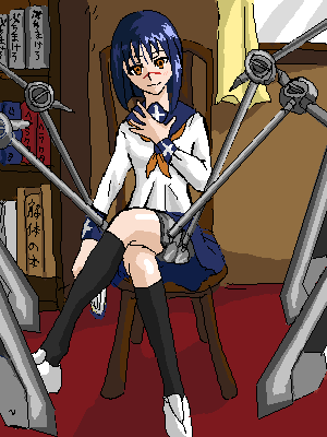 tsumura tokiko, busou renkin, lowres, 00s, blue hair, scar, school uniform, serafuku, valkyrie skirt, yellow eyes