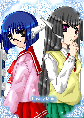 hayasaka ouka, tsumura tokiko, busou renkin, to heart, to heart (series), lowres, 00s, black hair, blue hair, crossover, purple eyes, scar, school uniform, serafuku, valkyrie skirt, yellow eyes