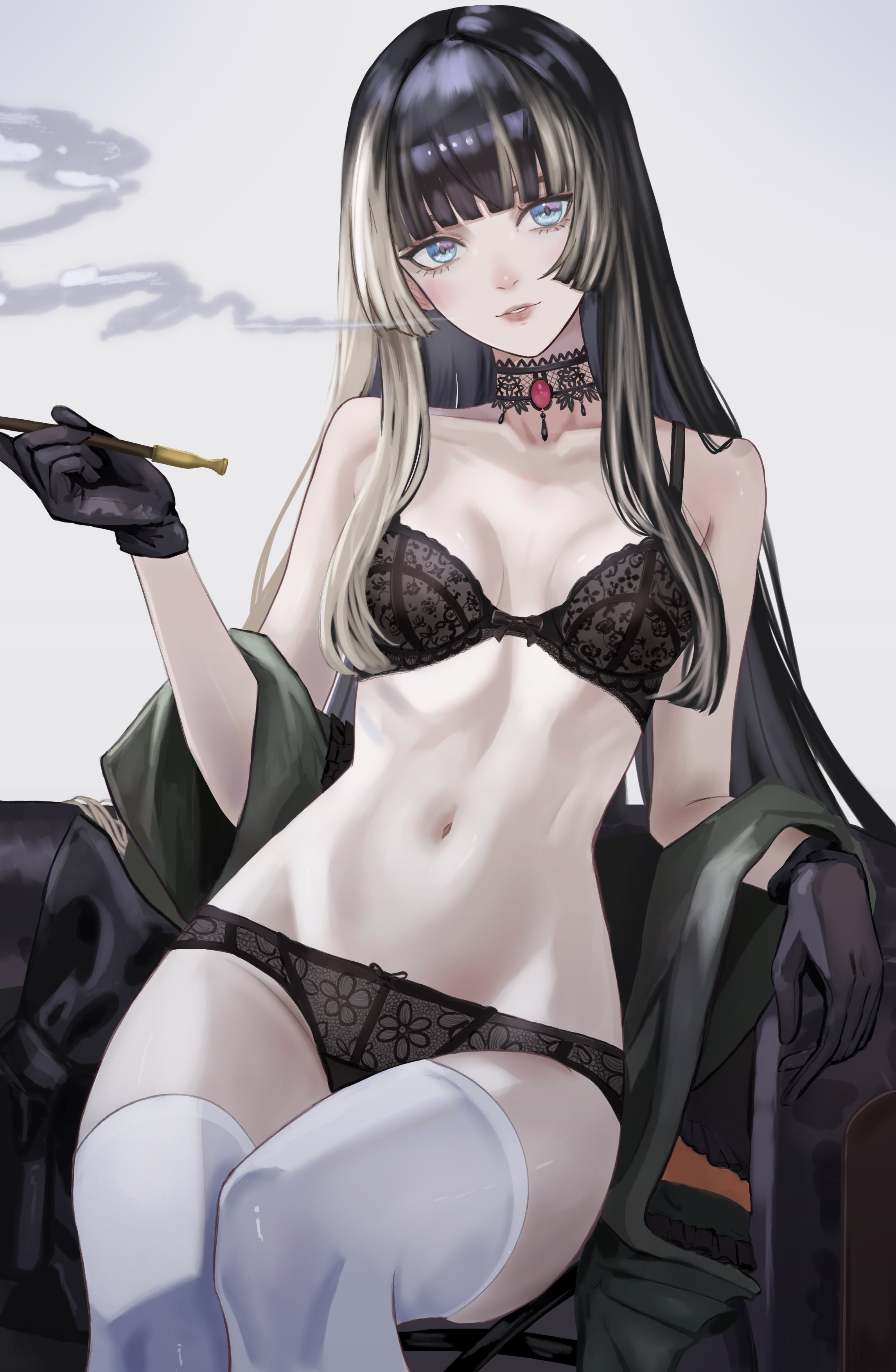 dhbwinner, juufuutei raden, hololive, hololive dev is, absurdres, highres, 1girl, black bra, black choker, black hair, black panties, blue eyes, blunt bangs, bra, breasts, choker, collarbone, gloves, grey background, grey hair, hime cut, holding, holding smoking pipe, lace, lace-trimmed bra, lace-trimmed panties, lace choker, lace trim, lingerie, long hair, looking at viewer, medium breasts, multicolored hair, navel, panties, parted lips, simple background, sitting, smoke, smoking pipe, solo, stomach, straight hair, streaked hair, thighhighs, two-tone hair, underwear, underwear only, very long hair, virtual youtuber, white thighhighs