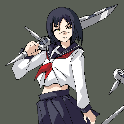 tsumura tokiko, busou renkin, lowres, 00s, 1girl, blue hair, female focus, scar, school uniform, serafuku, simple background, solo, valkyrie skirt